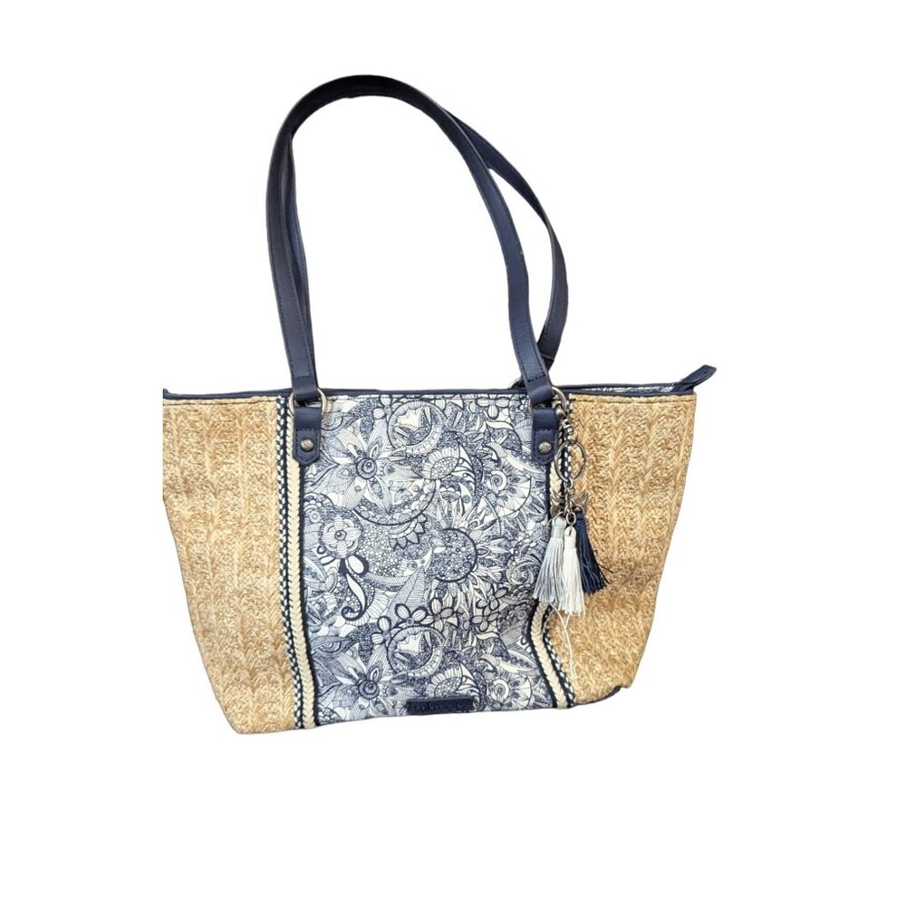 Sakroots Straw Tote‎ Bag With Blue Handles & Floral Design Navy Spirit Desert